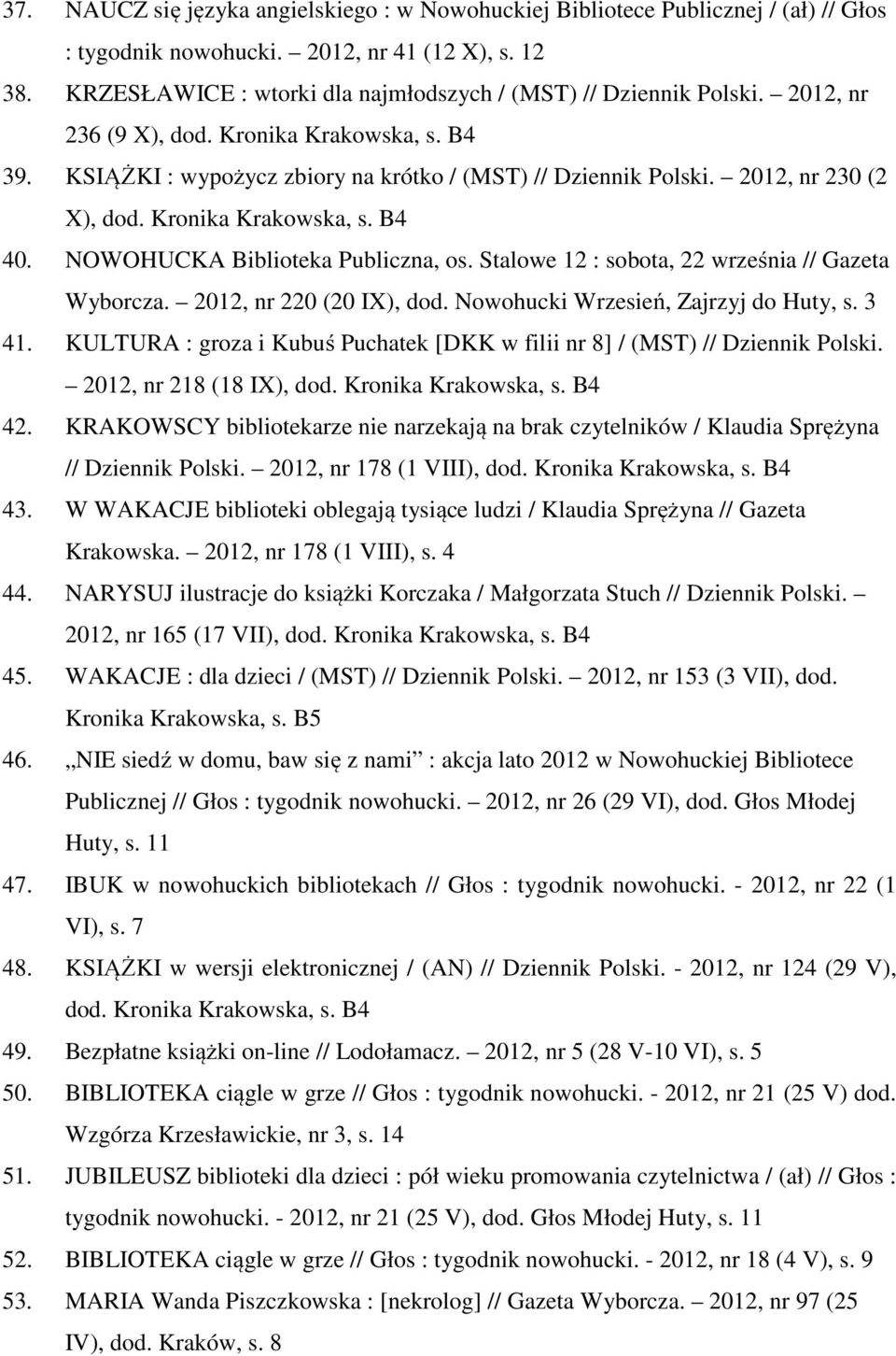 2012, nr 230 (2 X), dod. Kronika Krakowska, s. B4 40. NOWOHUCKA Biblioteka Publiczna, os. Stalowe 12 : sobota, 22 września // Gazeta Wyborcza. 2012, nr 220 (20 IX), dod.