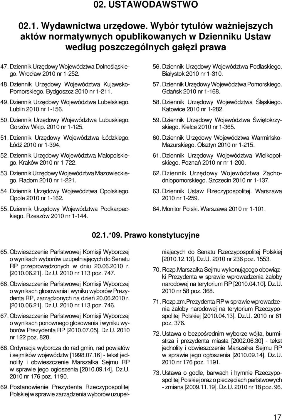 Lublin 2010 nr 1-156. 50. Dziennik Urzędowy Województwa Lubuskiego. Gorzów Wklp. 2010 nr 1-125. 51. Dziennik Urzędowy Województwa Łódzkiego. Łódź 2010 nr 1-394. 52.