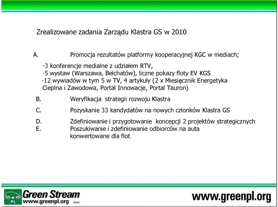 pokazy floty EV KGS -12 wywiadów w tym 5 w TV, 4 artykuły (2 x Miesięcznik Energetyka Cieplna i Zawodowa, Portal Innowacje, Portal Tauron) B.