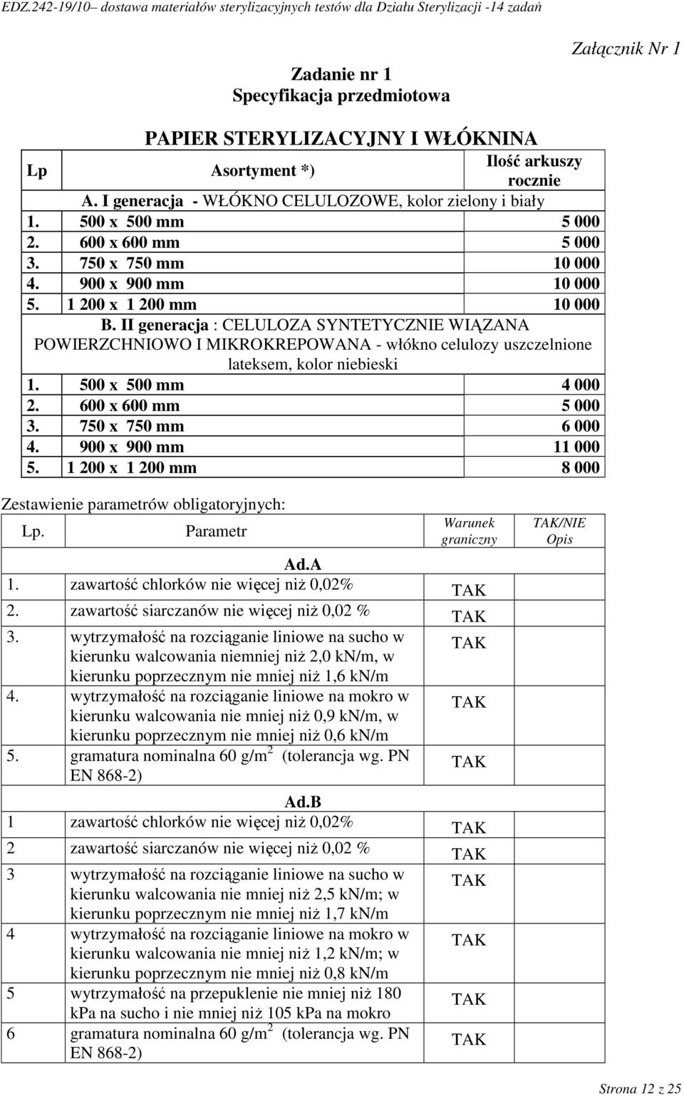 II generacja : CELULOZA SYNTETYCZNIE WIĄZANA POWIERZCHNIOWO I MIKROKREPOWANA - włókno celulozy uszczelnione lateksem, kolor niebieski 1. 500 x 500 mm 4 000 2. 600 x 600 mm 5 000 3.