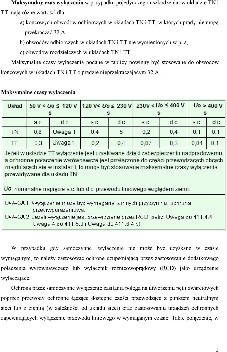 Maksymalne czasy wyłączenia podane w tablicy powinny być stosowane do obwodów końcowych w układach TN i TT o prądzie nieprzekraczającym 32 A.