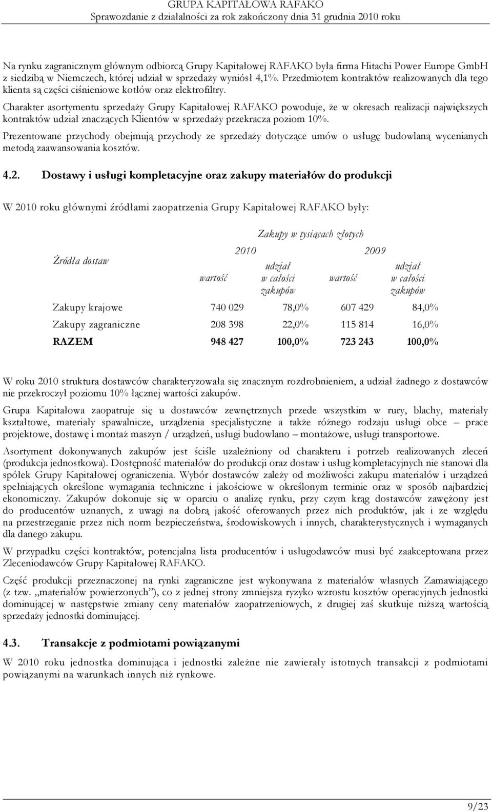 Charakter asortymentu sprzedaŝy Grupy Kapitałowej RAFAKO powoduje, Ŝe w okresach realizacji największych kontraktów udział znaczących Klientów w sprzedaŝy przekracza poziom 10%.