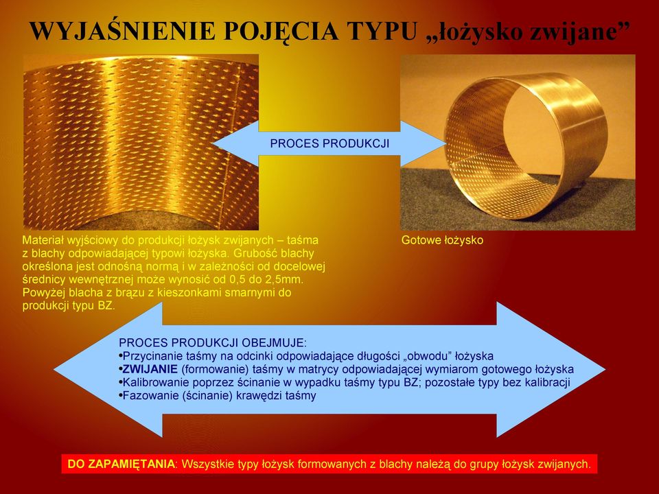 Powyżej blacha z brązu z kieszonkami smarnymi do produkcji typu BZ.