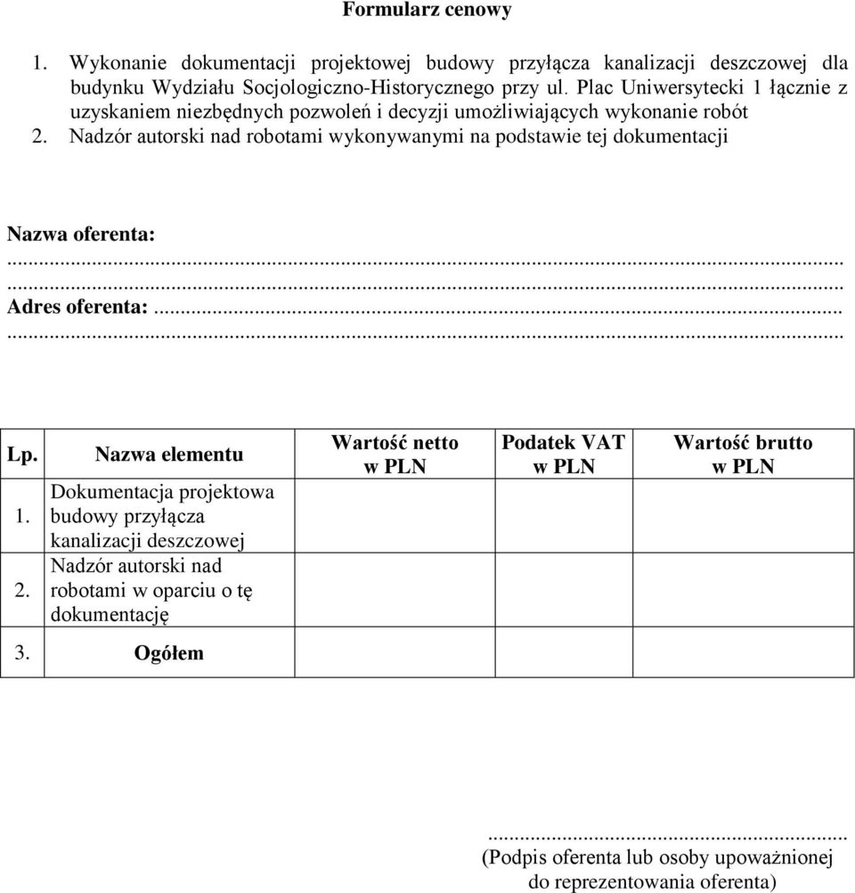 Nadzór autorski nad robotami wykonywanymi na podstawie tej dokumentacji Nazwa oferenta:...... Adres oferenta:...... Lp. 1. 2.