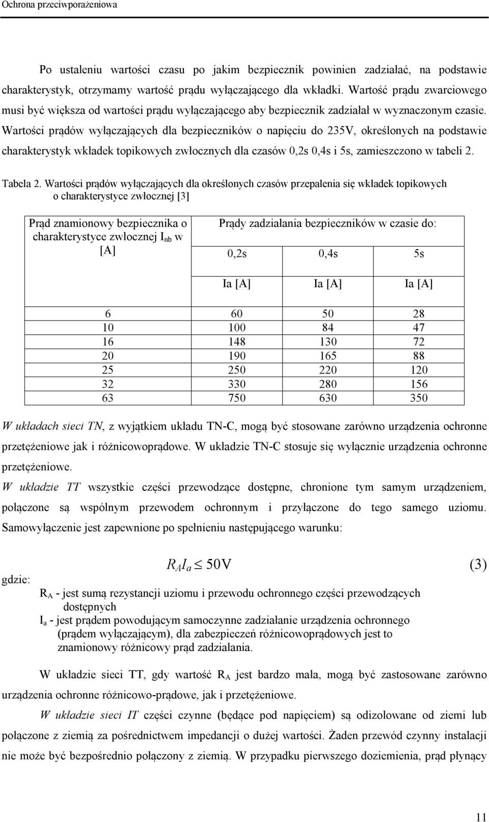 Wartości prądów wyłączających dla bezpieczników o napięciu do 235V, określonych na podstawie charakterystyk wkładek topikowych zwłocznych dla czasów 0,2s 0,4s i 5s, zamieszczono w tabeli 2. Tabela 2.