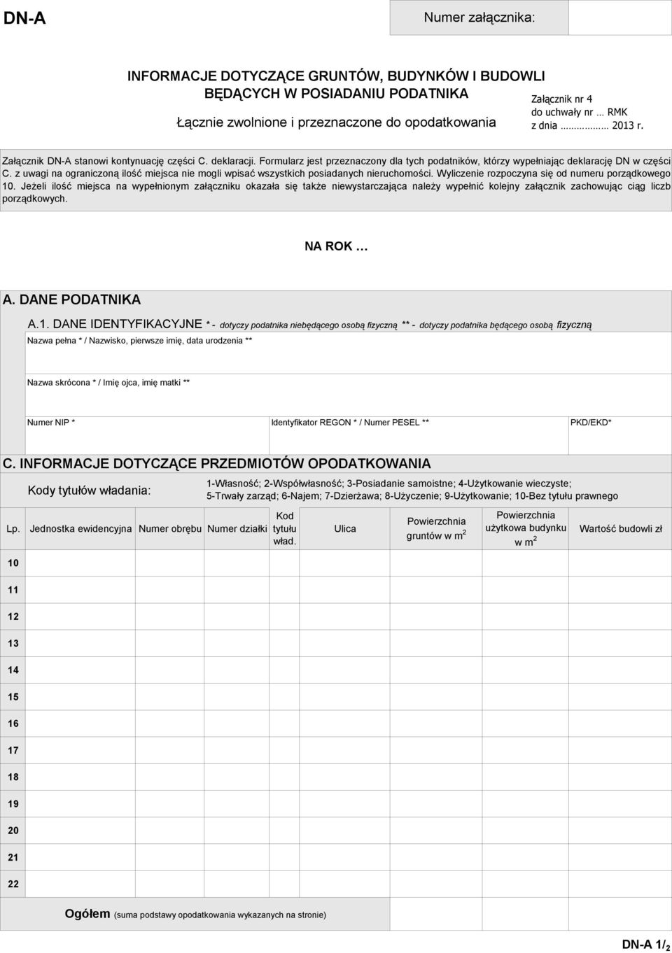 z uwagi na ograniczoną ilość miejsca nie mogli wpisać wszystkich posiadanych nieruchomości. Wyliczenie rozpoczyna się od numeru porządkowego 10.