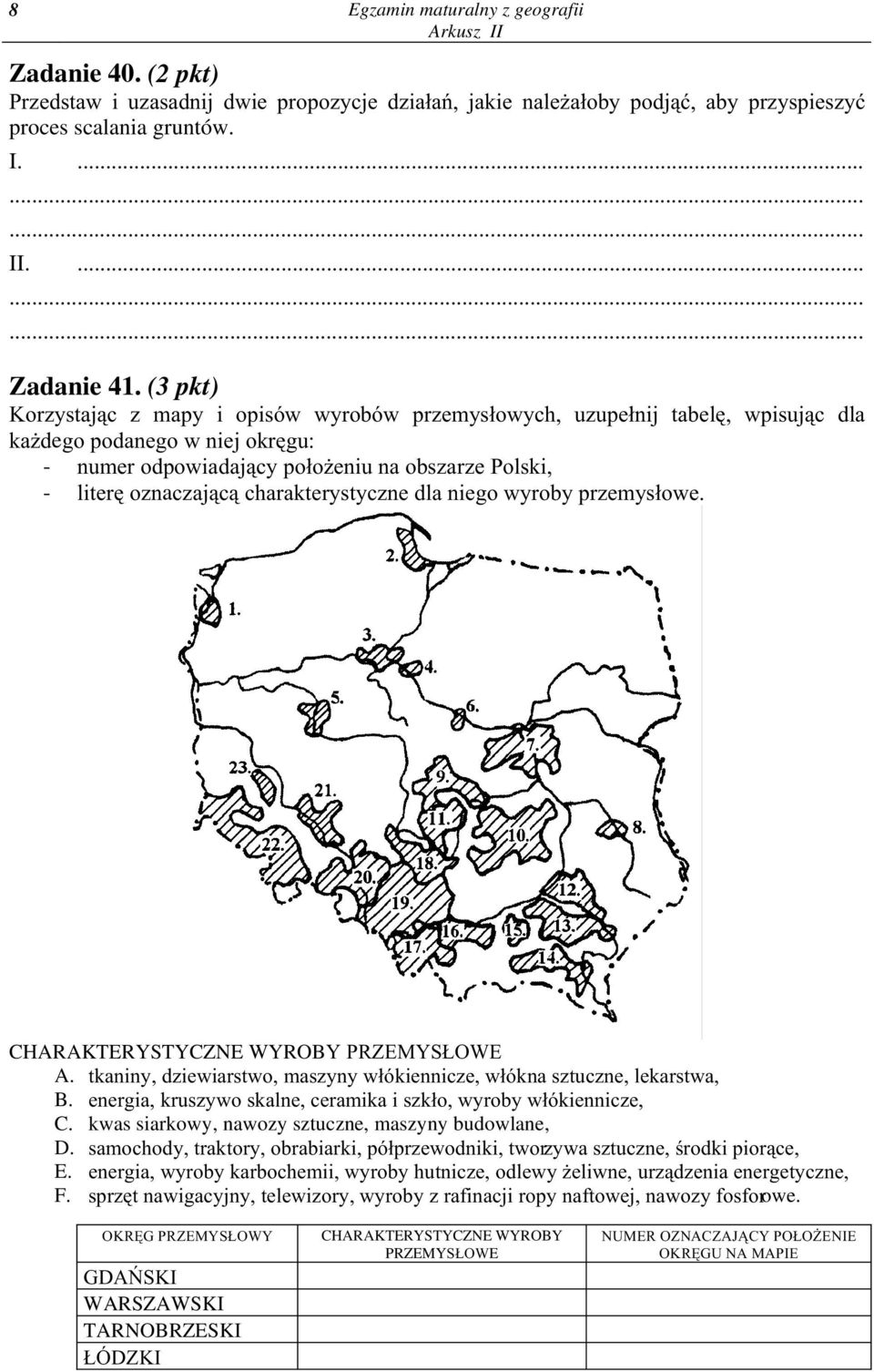 charakterystyczne dla niego wyroby przemys³owe. CHARAKTERYSTYCZNE WYROBY PRZEMYS OWE A. tkaniny, dziewiarstwo, maszyny w³ókiennicze, w³ókna sztuczne, lekarstwa, B.