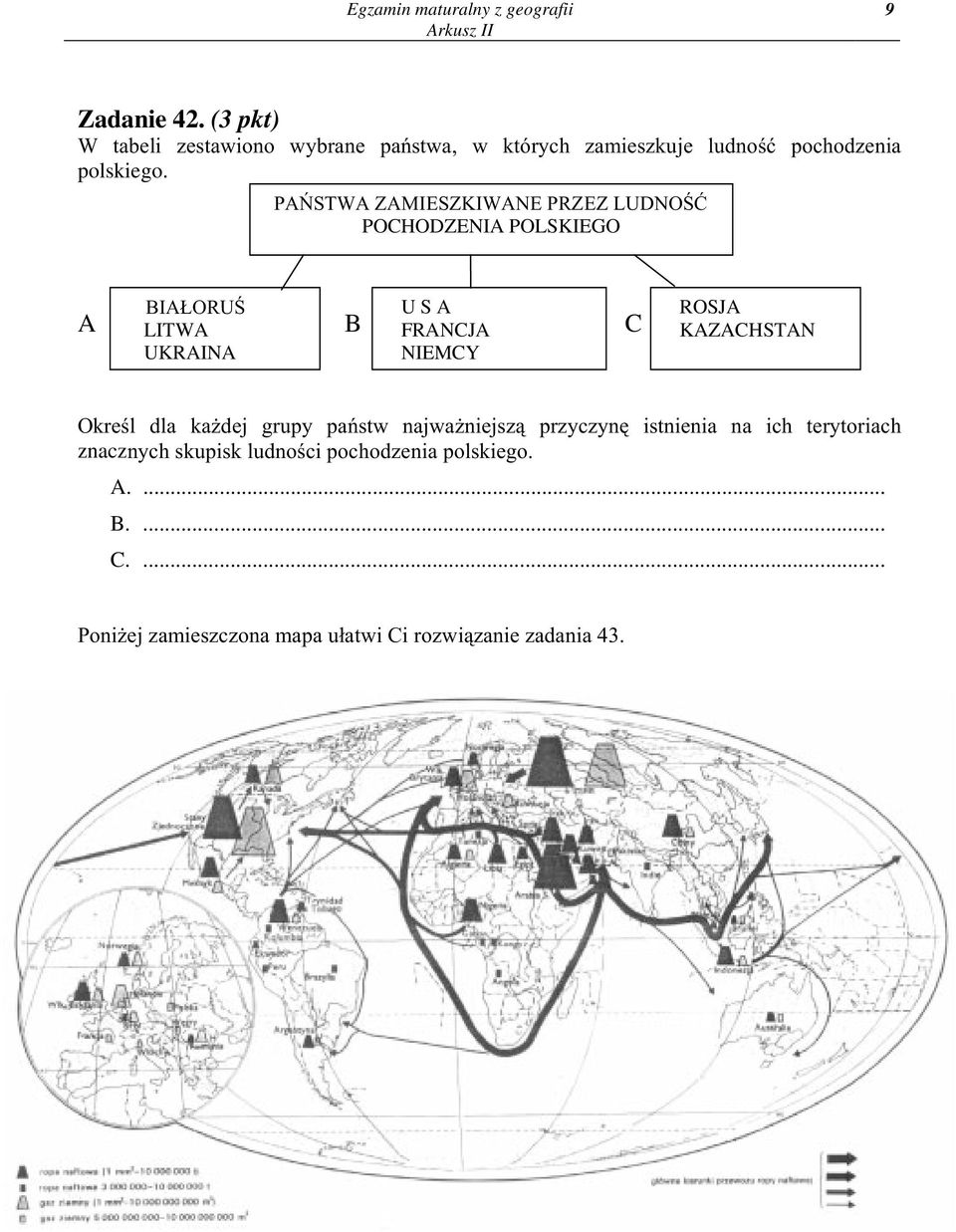 PAÑSTWA ZAMIESZKIWANE PRZEZ LUDNOŒÆ POCHODZENIA POLSKIEGO BIA ORUŒ LITWA UKRAINA U S A FRANCJA NIEMCY A B C ROSJA