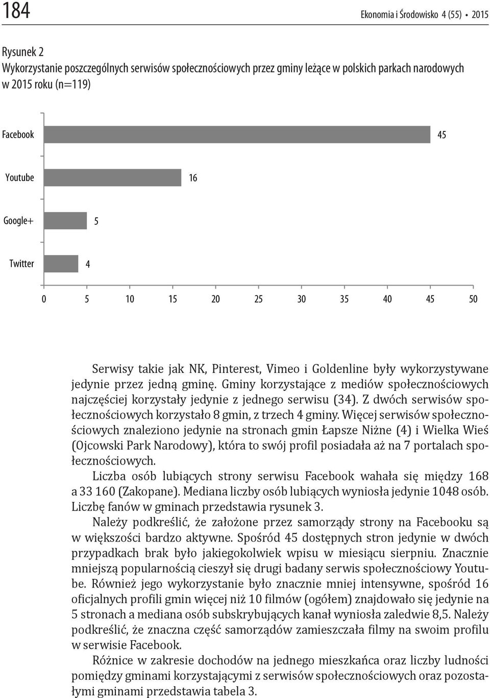 Gminy korzystające z mediów społecznościowych najczęściej korzystały jedynie z jednego serwisu (34). Z dwóch serwisów społecznościowych korzystało 8 gmin, z trzech 4 gminy.