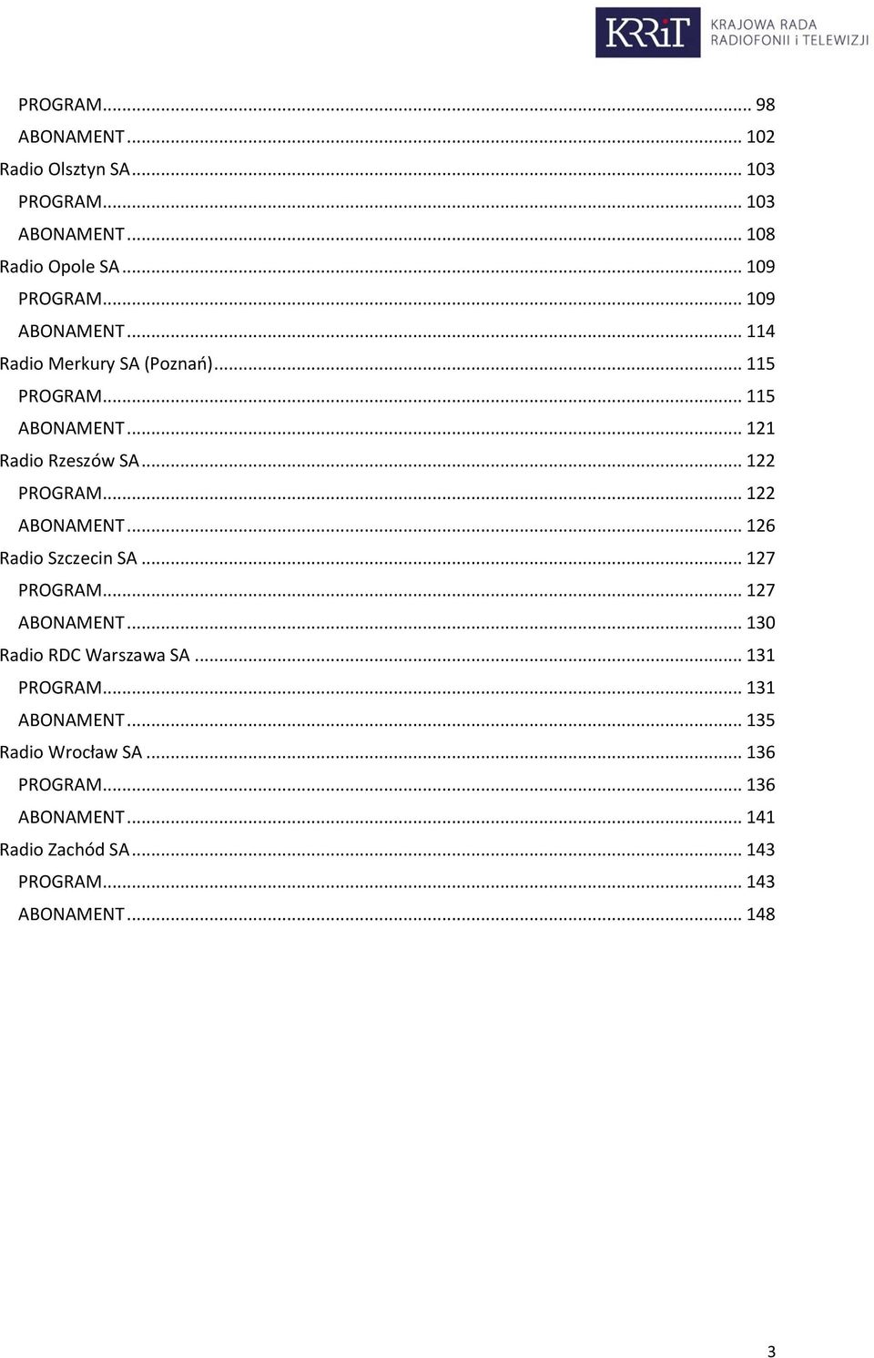 .. 122 ABONAMENT... 126 Radio Szczecin SA... 127 PROGRAM... 127 ABONAMENT... 130 Radio RDC Warszawa SA... 131 PROGRAM.