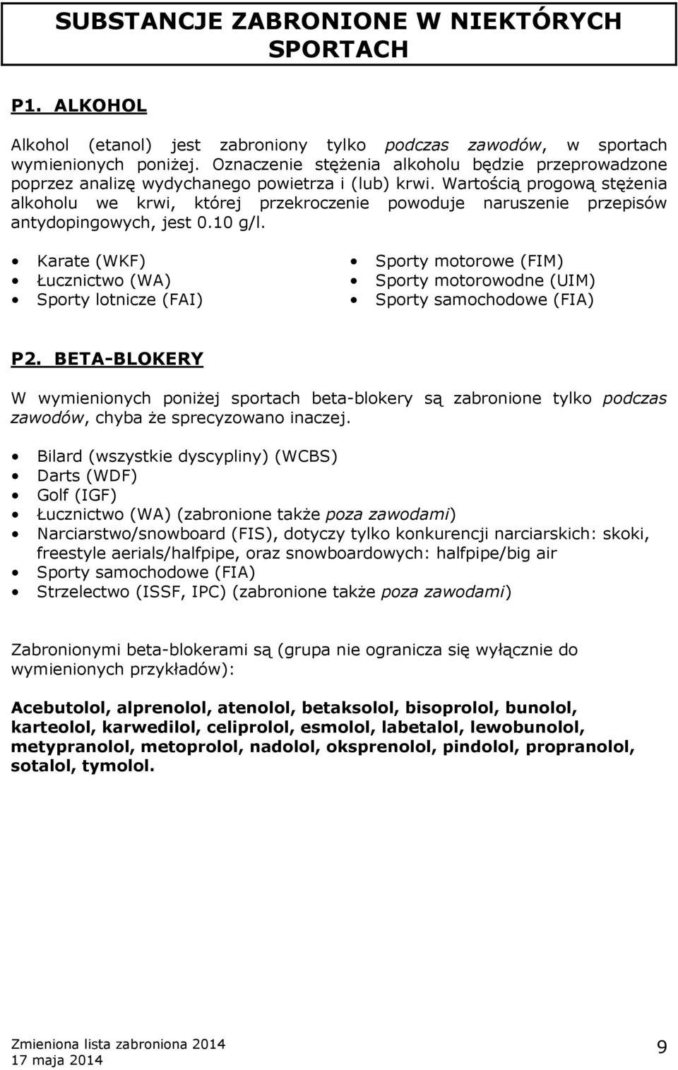 Wartością progową stężenia alkoholu we krwi, której przekroczenie powoduje naruszenie przepisów antydopingowych, jest 0.10 g/l.