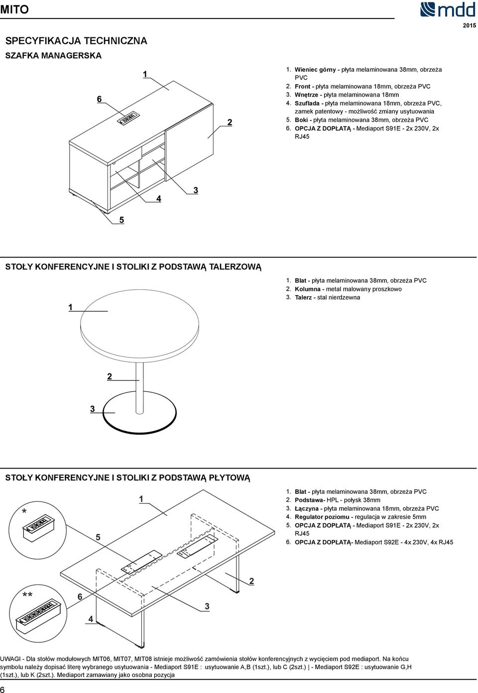 zmiany usytuowania Boki - płyta melaminowana 38mm, obrzeża OPCJA Z DOPŁATĄ - Mediaport S91E - 2x 230V, 2x RJ45 STOŁY KONFERENCYJNE I STOLIKI Z PODSTAWĄ TALERZOWĄ 1. 2. 3. Blat - płyta melaminowana 38mm, obrzeża Kolumna - metal malowany proszkowo Talerz - stal nierdzewna STOŁY KONFERENCYJNE I STOLIKI Z PODSTAWĄ PŁYTOWĄ 1.