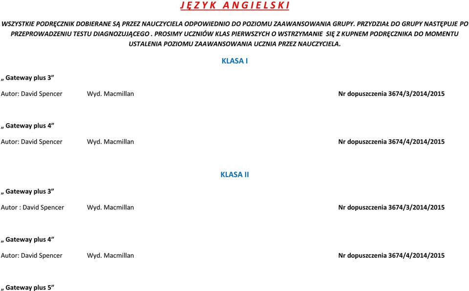 PROSIMY UCZNIÓW KLAS PIERWSZYCH O WSTRZYMANIE SIĘ Z KUPNEM PODRĘCZNIKA DO MOMENTU USTALENIA POZIOMU ZAAWANSOWANIA UCZNIA PRZEZ NAUCZYCIELA.