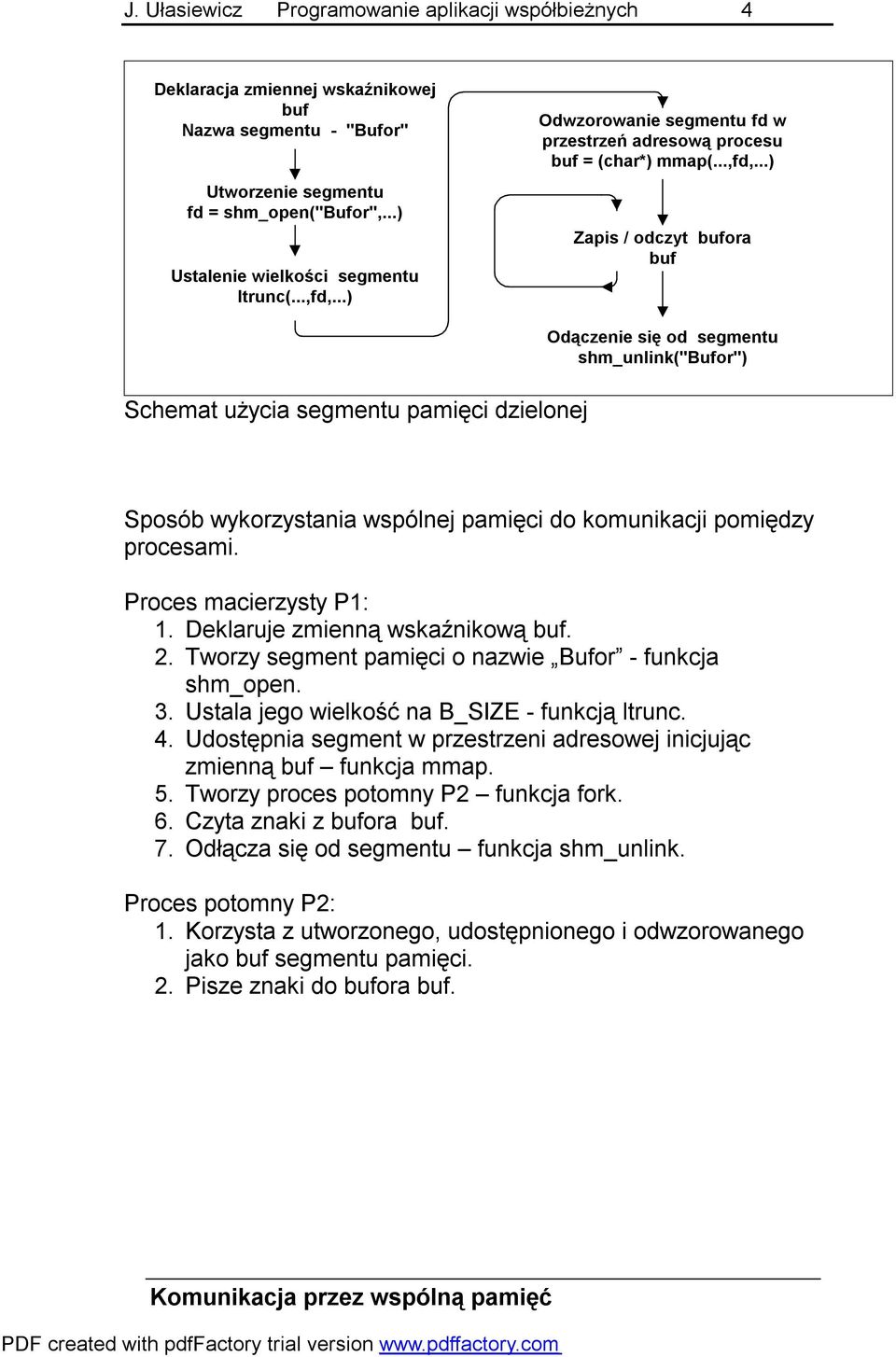 Proces macierzysty P1: 1. Deklaruje zmienną wskaźnikową buf. 2. Tworzy segment pamięci o nazwie Bufor - funkcja shm_open. 3. Ustala jego wielkość na B_SIZE - funkcją ltrunc. 4.