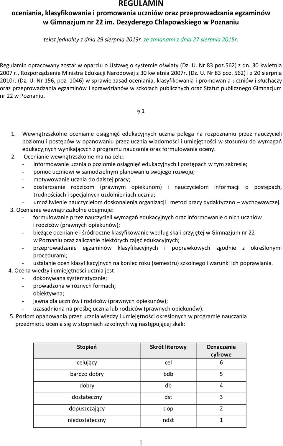 , Rozporządzenie Ministra Edukacji Narodowej z 30 kwietnia 2007r. (Dz. U. Nr 83 poz. 562) i z 20 sierpnia 2010r. (Dz. U. Nr 156, poz.