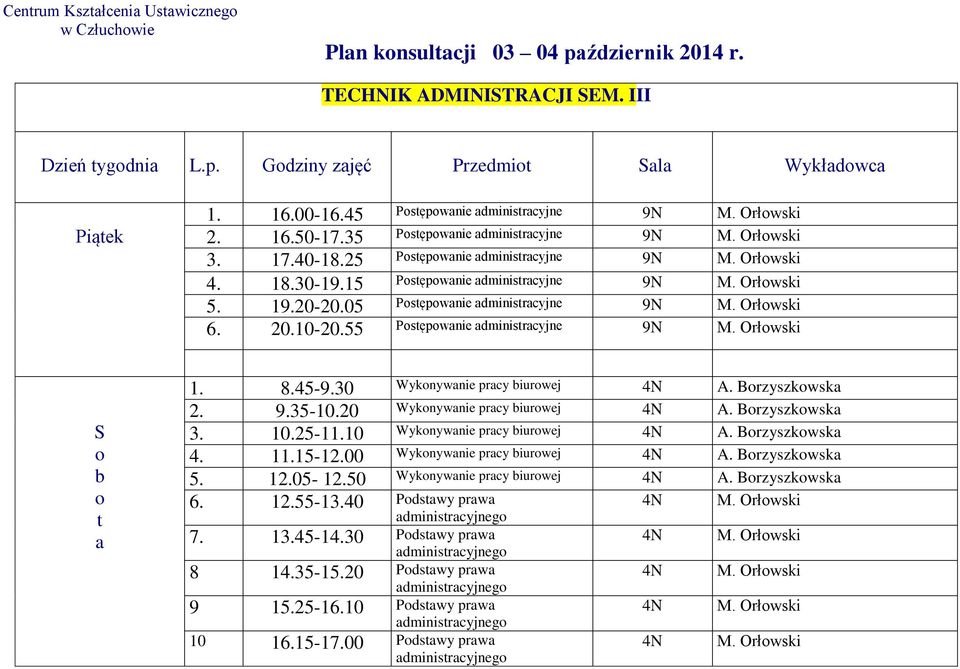 05 Psępwnie dminisrcyjne 9N M. Orłwski 6. 20.10-20.55 Psępwnie dminisrcyjne 9N M. Orłwski 1. 8.45-9.30 Wyknywnie prcy iurwej 4N A. Brzyszkwsk 2. 9.35-10.20 Wyknywnie prcy iurwej 4N A. Brzyszkwsk 3.