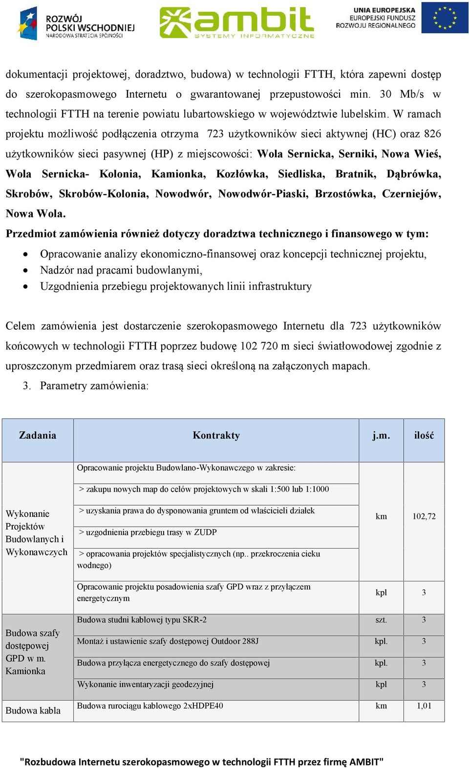 W ramach projektu możliwość podłączenia otrzyma 723 użytkowników sieci aktywnej (HC) oraz 826 użytkowników sieci pasywnej (HP) z miejscowości: Wola Sernicka, Serniki, Nowa Wieś, Wola Sernicka-