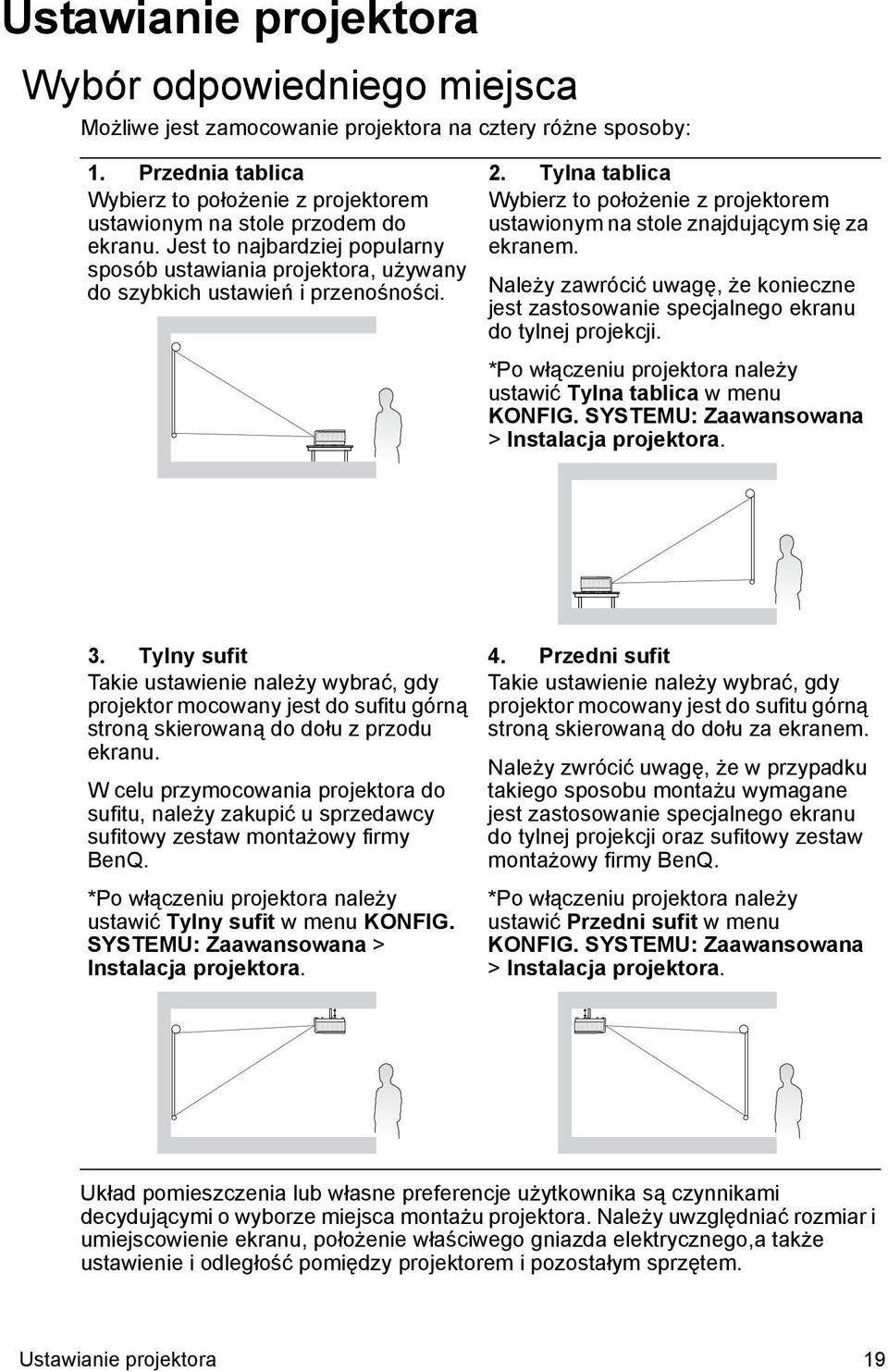 Tylna tablica Wybierz to położenie z projektorem ustawionym na stole znajdującym się za ekranem. Należy zawrócić uwagę, że konieczne jest zastosowanie specjalnego ekranu do tylnej projekcji.