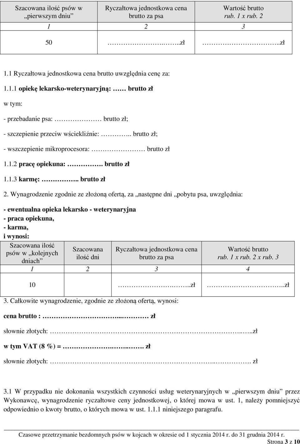 . brutto zł; - wszczepienie mikroprocesora: brutto zł 1.1.2 pracę opiekuna:. brutto zł 1.1.3 karmę:.. brutto zł 2.