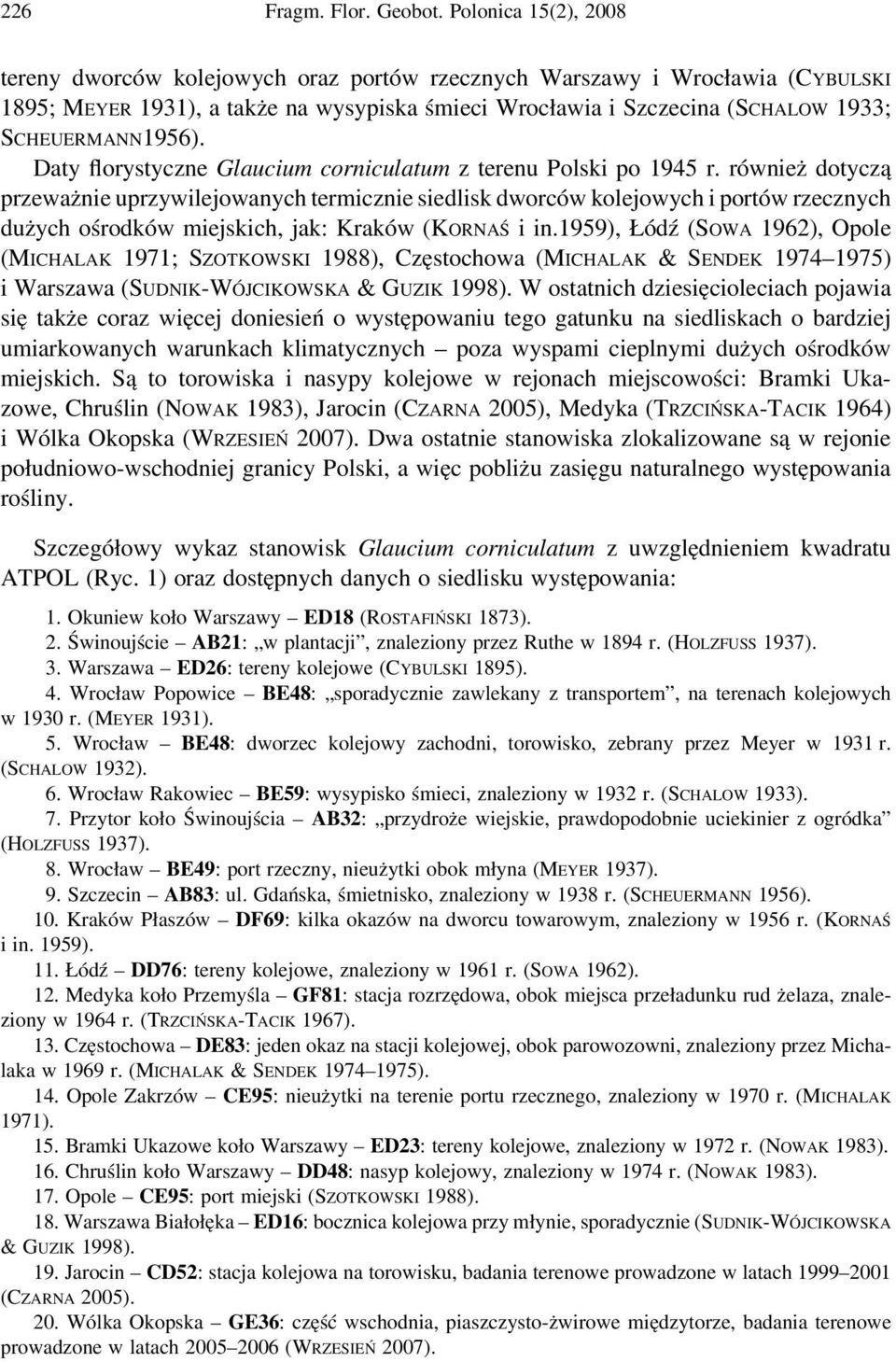 SCHEUERMANN1956). Daty florystyczne Glaucium corniculatum z terenu Polski po 1945 r.
