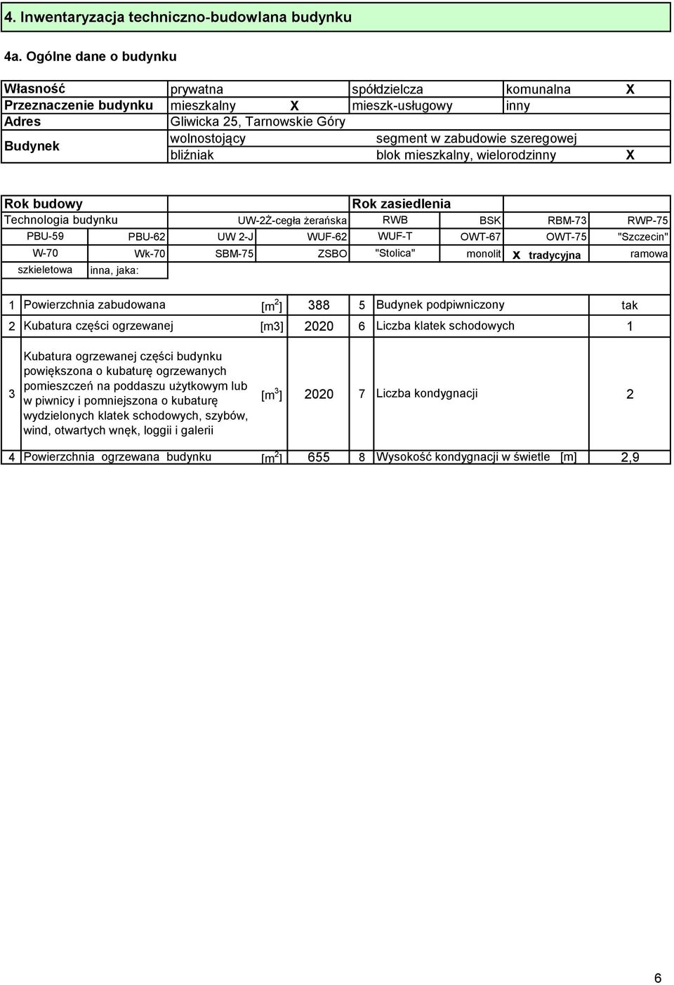 szeregowej bliźniak blok mieszkalny, wielorodzinny X Rok budowy Rok zasiedlenia Technologia budynku UW-2Ż-cegła żerańska RWB BSK RBM-73 RWP-75 PBU-59 PBU-62 UW 2-J WUF-62 WUF-T OWT-67 OWT-75