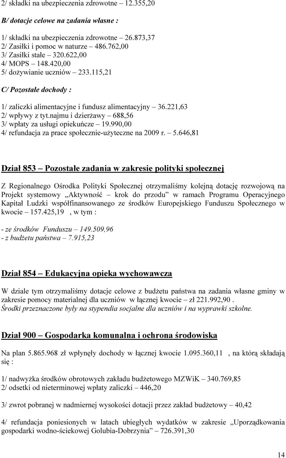 najmu i dzierżawy 688,56 3/ wpłaty za usługi opiekuńcze 19.990,00 4/ refundacja za prace społecznie-użyteczne na 2009 r. 5.