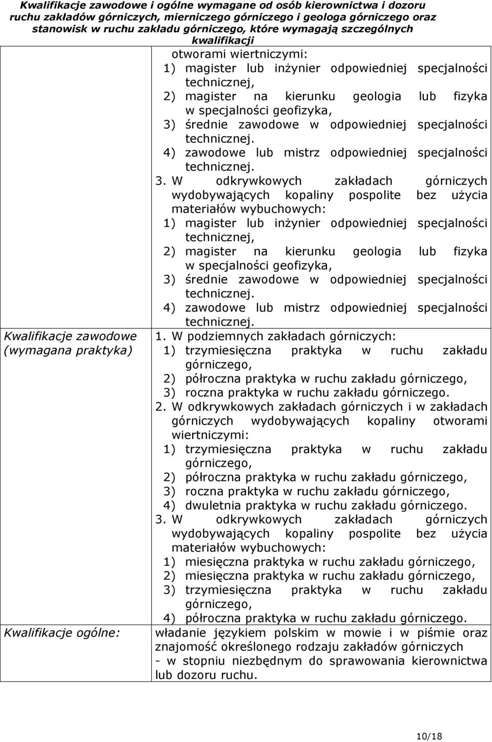 W odkrywkowych zakładach górniczych wydobywających kopaliny pospolite bez uŝycia materiałów wybuchowych: 1) magister lub inŝynier odpowiedniej specjalności technicznej, 2) magister na kierunku