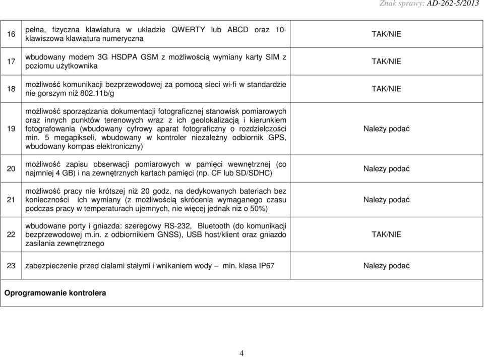 11b/g moŝliwość sporządzania dokumentacji fotograficznej stanowisk pomiarowych oraz innych punktów terenowych wraz z ich geolokalizacją i kierunkiem fotografowania (wbudowany cyfrowy aparat