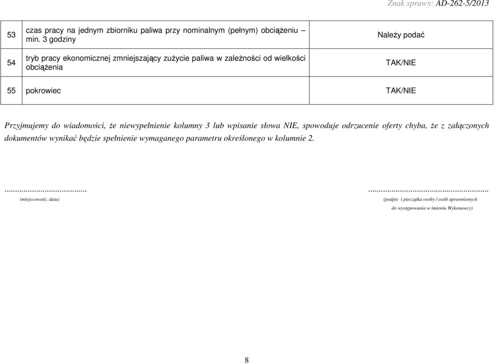 wiadomości, Ŝe niewypełnienie kolumny 3 lub wpisanie słowa NIE, spowoduje odrzucenie oferty chyba, Ŝe z załączonych dokumentów