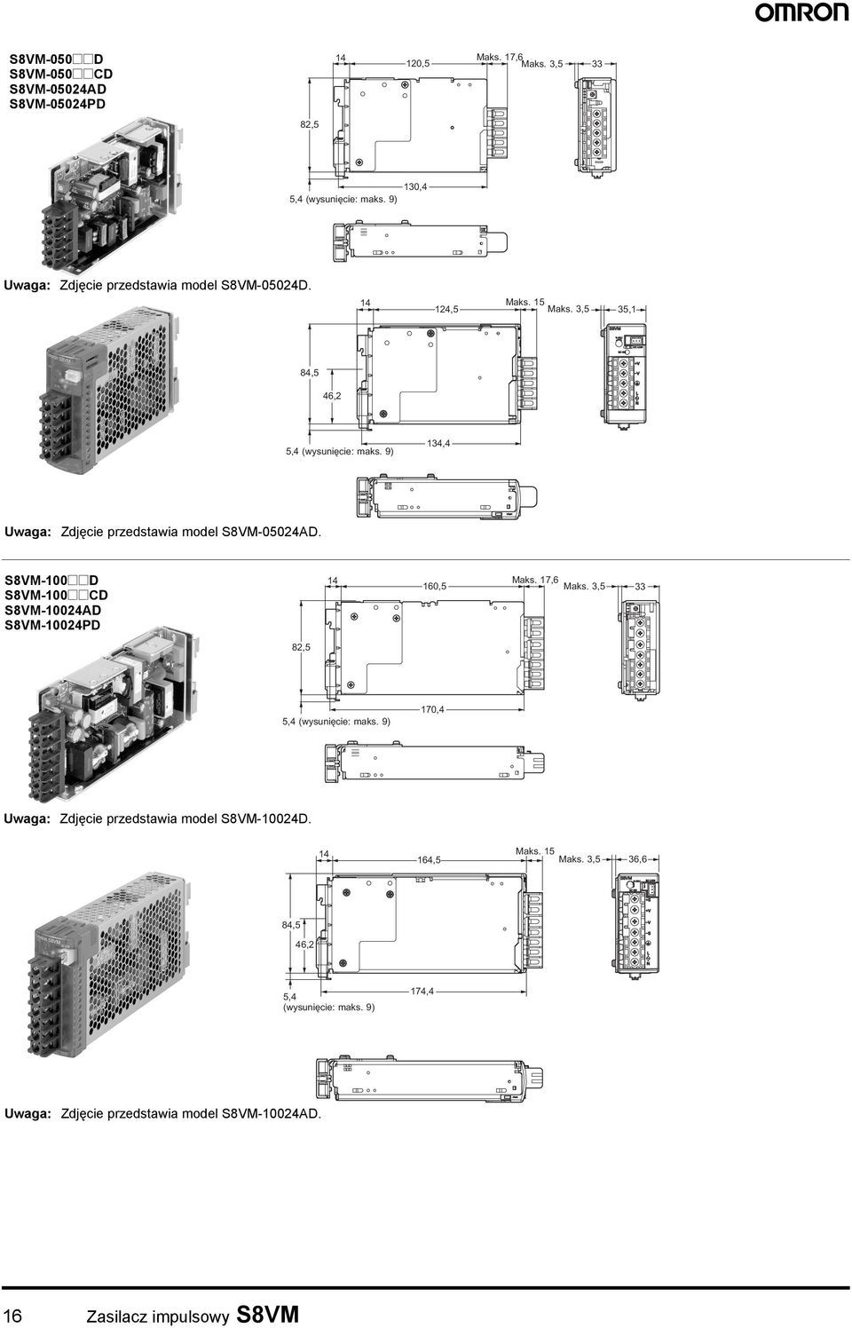 9) 134,4 Uwaga: Zdjęcie przedstawia model S8VM-05024AD. S8VM-100@@D S8VM-100@@CD S8VM-10024AD S8VM-10024PD 14 160,5 Maks. 17,6 Maks.