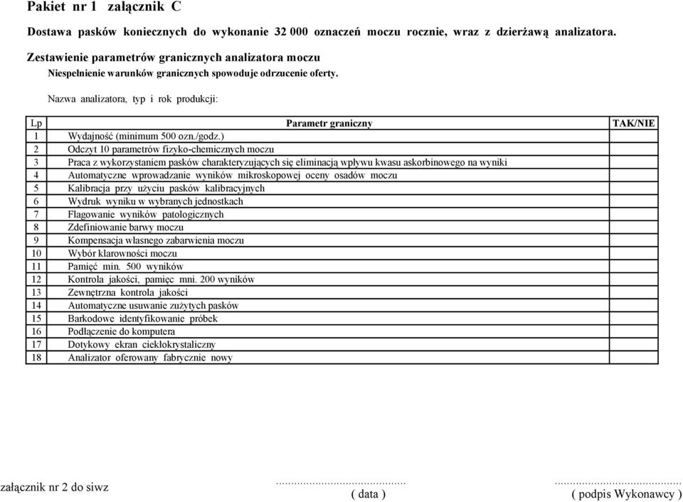 Nazwa analizatora, typ i rok produkcji: Lp Parametr graniczny 1 Wydajność (minimum 500 ozn./godz.