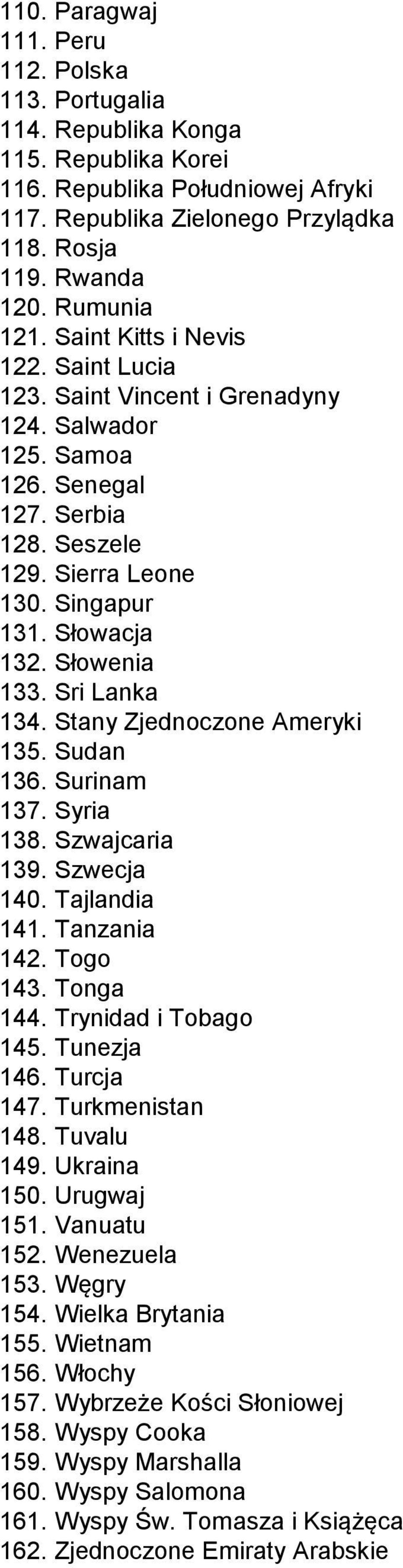 Słowenia 133. Sri Lanka 134. Stany Zjednoczone Ameryki 135. Sudan 136. Surinam 137. Syria 138. Szwajcaria 139. Szwecja 140. Tajlandia 141. Tanzania 142. Togo 143. Tonga 144. Trynidad i Tobago 145.