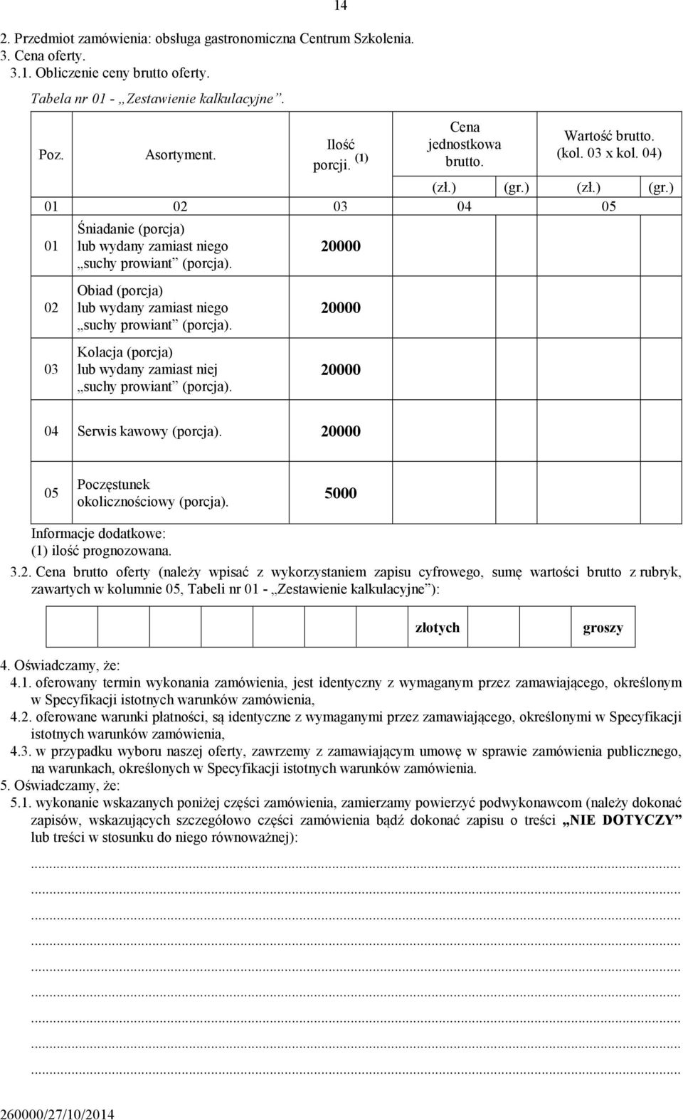 20000 02 03 Obiad (porcja) lub wydany zamiast niego suchy prowiant (porcja). Kolacja (porcja) lub wydany zamiast niej suchy prowiant (porcja). 20000 20000 04 Serwis kawowy (porcja).