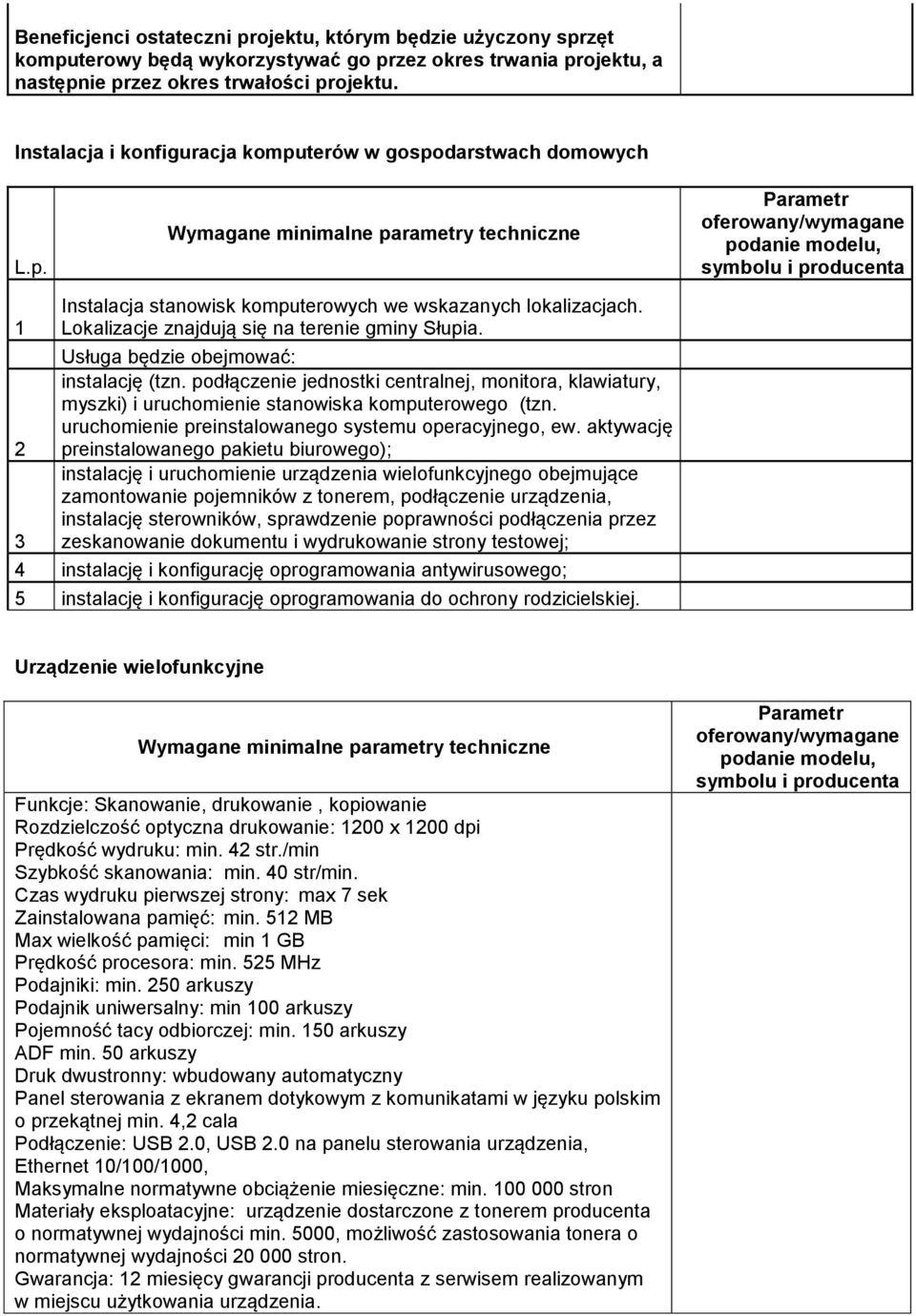 terów w gospodarstwach domowych L.p. Wymagane minimalne parametry techniczne Parametr oferowany/wymagane podanie modelu, symbolu i producenta 1 2 3 Instalacja stanowisk komputerowych we wskazanych lokalizacjach.