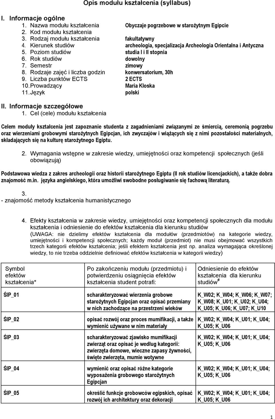 Rodzaje zajęć i liczba godzin konwersatorium, 30h 9. Liczba punktów ECTS 2 ECTS 10. Prowadzący Maria Kloska 11. Język polski II. Informacje szczegółowe 1.