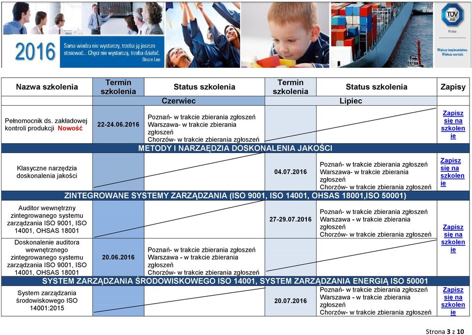 zintegrowanego systemu zarządzania ISO 9001, ISO 14001, OHSAS 18001 22-24.06.2016 Czerwc Chorzów- w trakc zbrania METODY I NARZAĘDZIA DOSKONALENIA JAKOŚCI 04.07.