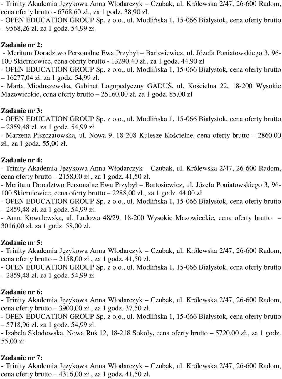 Nowa 9, 18-208 Kulesze Kościelne, cena oferty brutto 2860,00 zł., za 1 godz. 55,00 zł. Zadanie nr 4: 100 Skierniewice, cena oferty brutto 2288,00 zł., za 1 godz. 44,00 zł - Anna Kowalewska, ul.