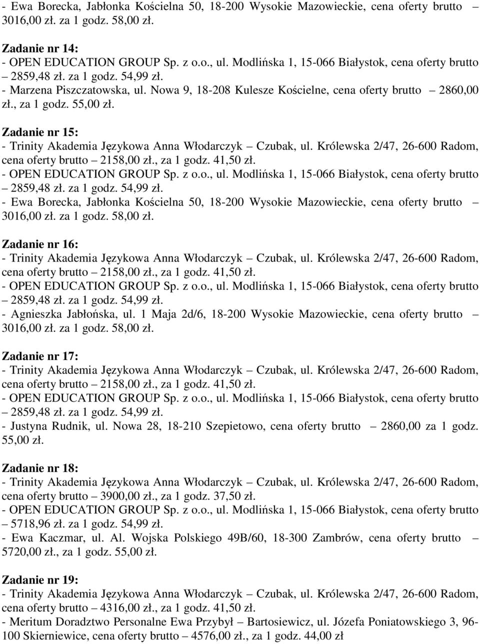 1 Maja 2d/6, 18-200 Wysokie Mazowieckie, cena oferty brutto Zadanie nr 17: - Justyna Rudnik, ul. Nowa 28, 18-210 Szepietowo, cena oferty brutto 2860,00 za 1 godz. 55,00 zł.