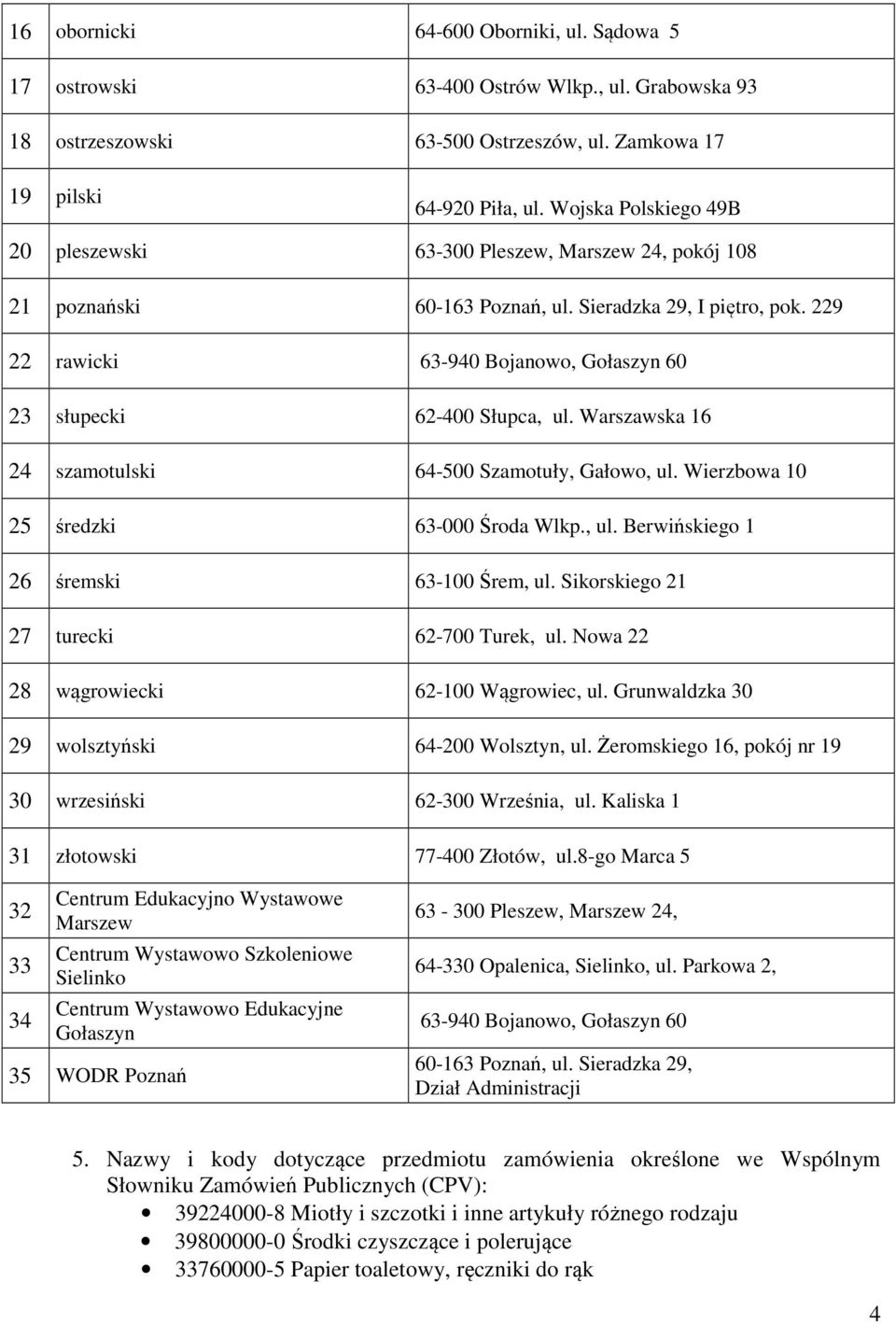 229 22 rawicki 63-940 Bojanowo, Gołaszyn 60 23 słupecki 62-400 Słupca, ul. Warszawska 16 24 szamotulski 64-500 Szamotuły, Gałowo, ul. Wierzbowa 10 25 średzki 63-000 Środa Wlkp., ul. Berwińskiego 1 26 śremski 63-100 Śrem, ul.