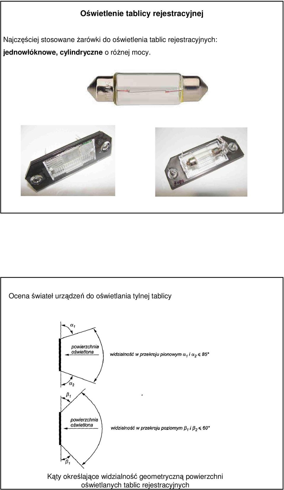 mocy. Ocena świateł urządzeń do oświetlania tylnej tablicy Kąty
