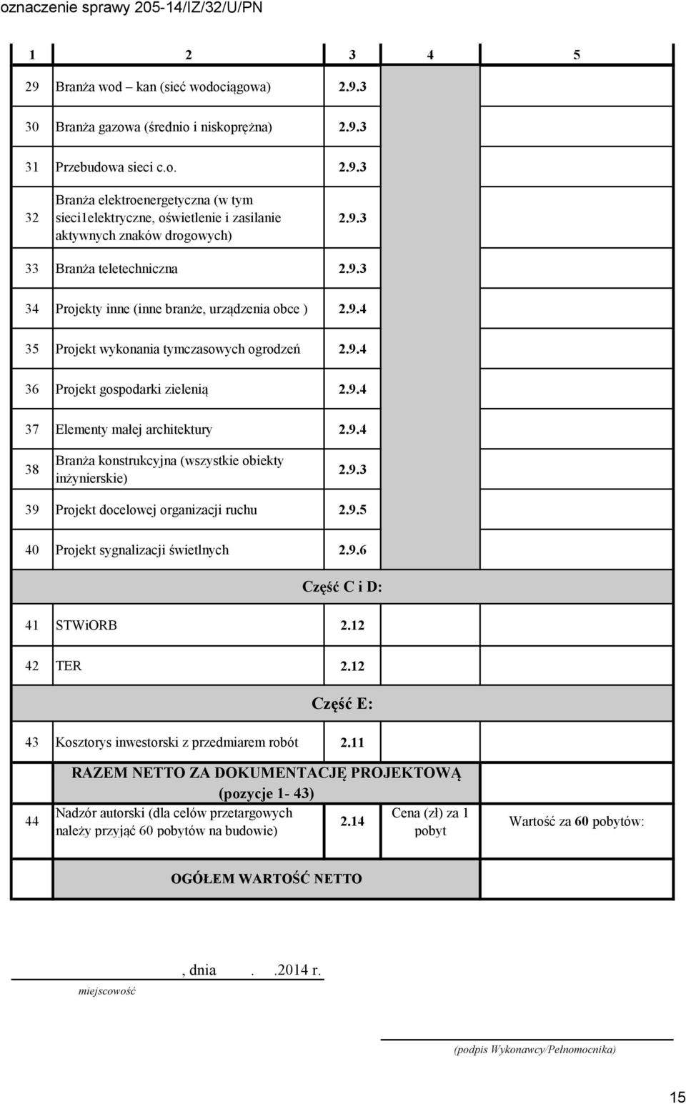 9.4 38 2.9.3 39 Projekt docelowej organizacji ruchu 2.9.5 40 Projekt sygnalizacji świetlnych 2.9.6 Część C i D: 41 STWiORB 2.12 42 TER 2.12 Część E: 43 Kosztorys inwestorski z przedmiarem robót 2.