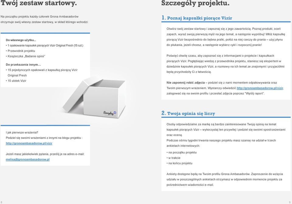 ) Przewodnik projektu Książeczka Badanie opinii Do przekazania innym 15 pojedynczych opakowań z kapsułką piorącą Vizir Original Fresh 15 ulotek Vizir 1.