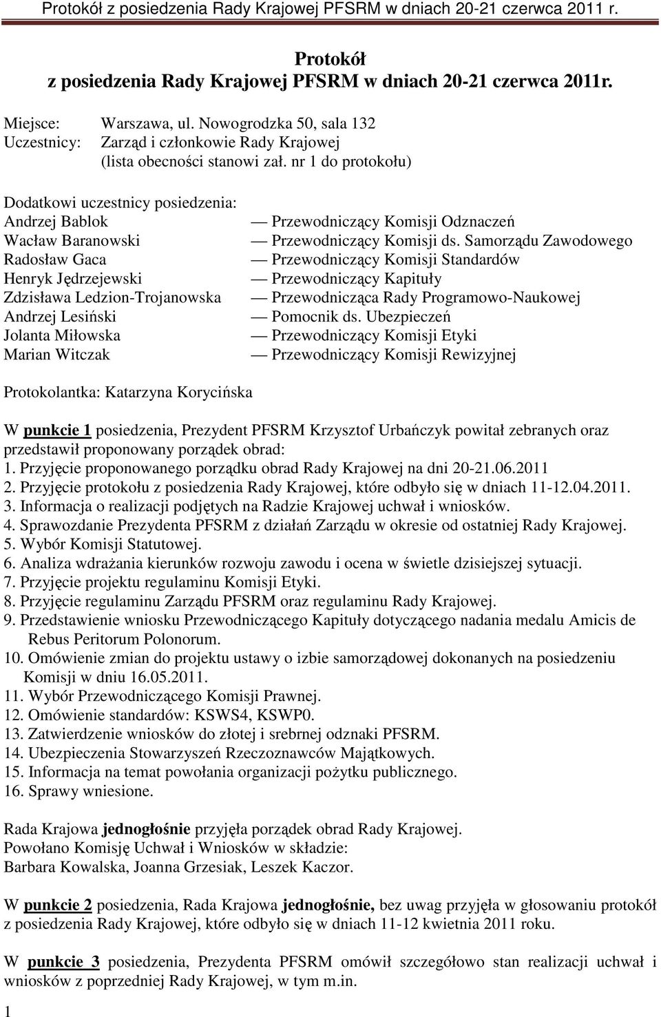 Przewodniczący Komisji Odznaczeń Przewodniczący Komisji ds. Samorządu Zawodowego Przewodniczący Komisji Standardów Przewodniczący Kapituły Przewodnicząca Rady Programowo-Naukowej Pomocnik ds.