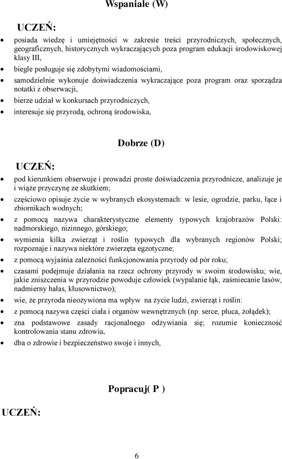 ochroną środowiska, Dobrze (D) pod kierunkiem obserwuje i prowadzi proste doświadczenia przyrodnicze, analizuje je i wiąże przyczynę ze skutkiem; częściowo opisuje życie w wybranych ekosystemach: w