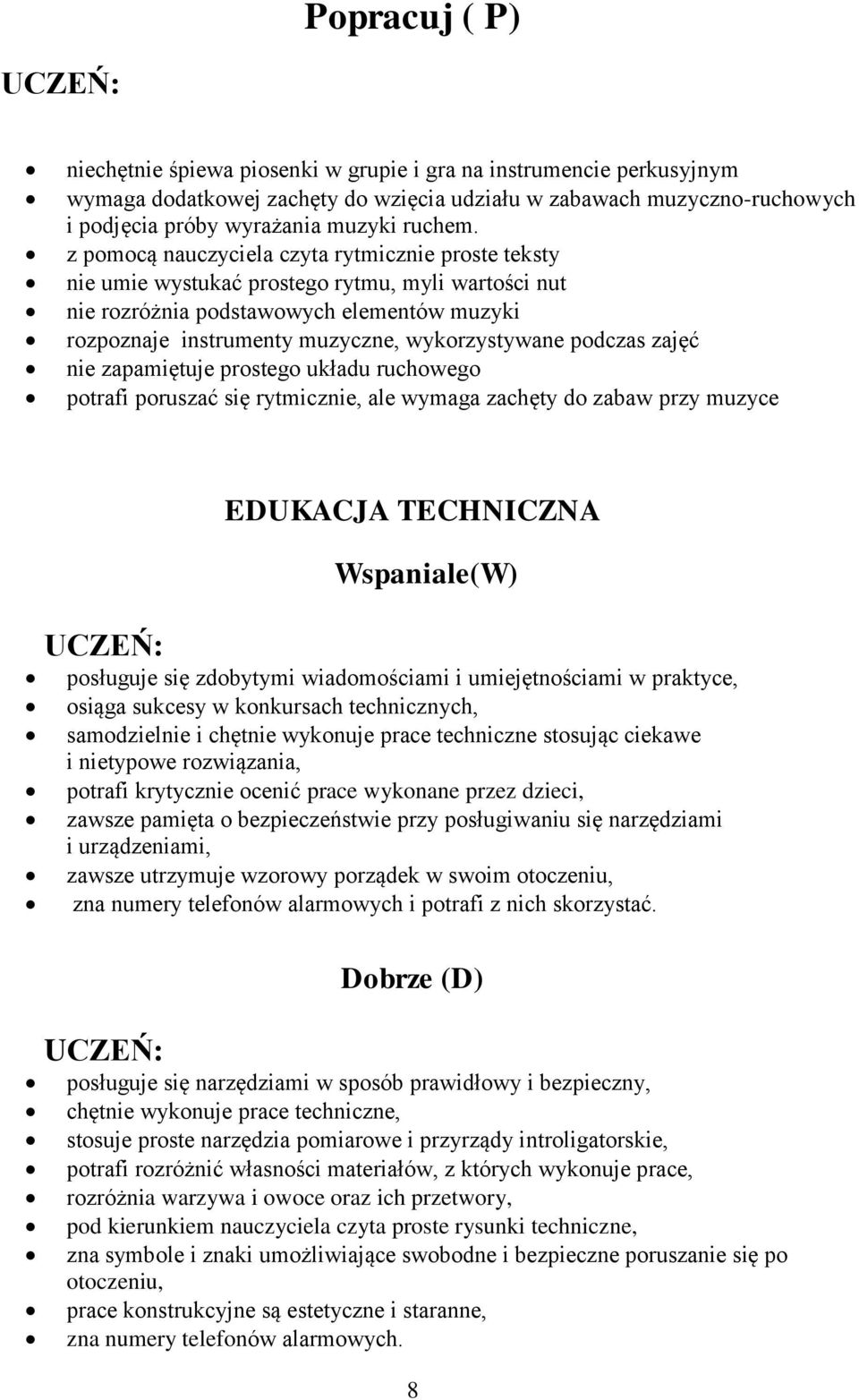 podczas zajęć nie zapamiętuje prostego układu ruchowego potrafi poruszać się rytmicznie, ale wymaga zachęty do zabaw przy muzyce EDUKACJA TECHNICZNA Wspaniale(W) posługuje się zdobytymi wiadomościami