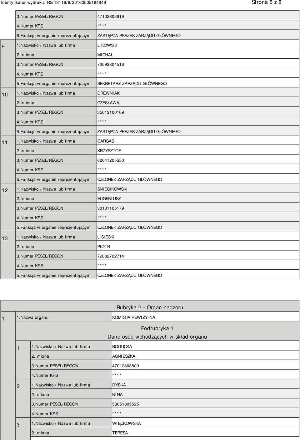 Numer PESEL/REGON 62041205550 CZŁONEK ZARZĄDU GŁÓWNEGO 12 1.Nazwisko / Nazwa lub firma ŚNIECIKOWSKI EUGENIUSZ 3.Numer PESEL/REGON 30101105179 CZŁONEK ZARZĄDU GŁÓWNEGO 13 1.