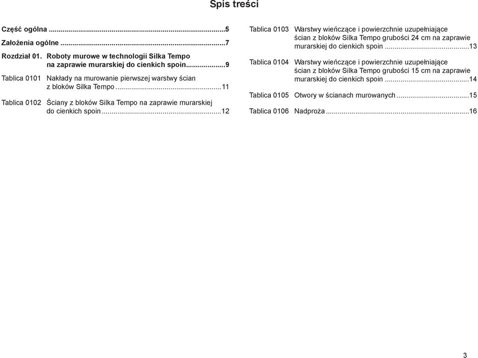 ..12 Tablica 0103 Warstwy wieńczące i powierzchnie uzupełniające ścian z bloków Silka Tempo grubości 24 cm na zaprawie murarskiej do cienkich spoin.