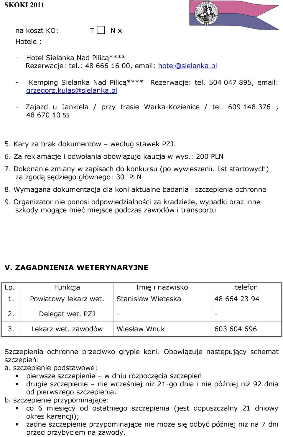 : 200 PLN 7. Dokonanie zmiany w zapisach do konkursu (po wywieszeniu list startowych) za zgodą sędziego głównego: 30 PLN 8. Wymagana dokumentacja dla koni aktualne badania i szczepienia ochronne 9.