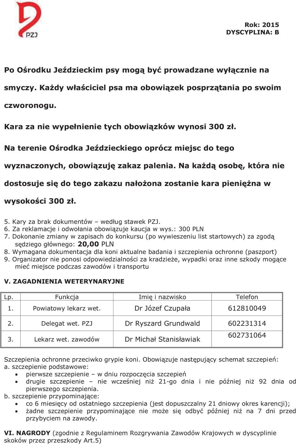 Na każdą osobę, która nie dostosuje się do tego zakazu nałożona zostanie kara pieniężna w wysokości 300 zł. 5. Kary za brak dokumentów według stawek PZJ. 6.