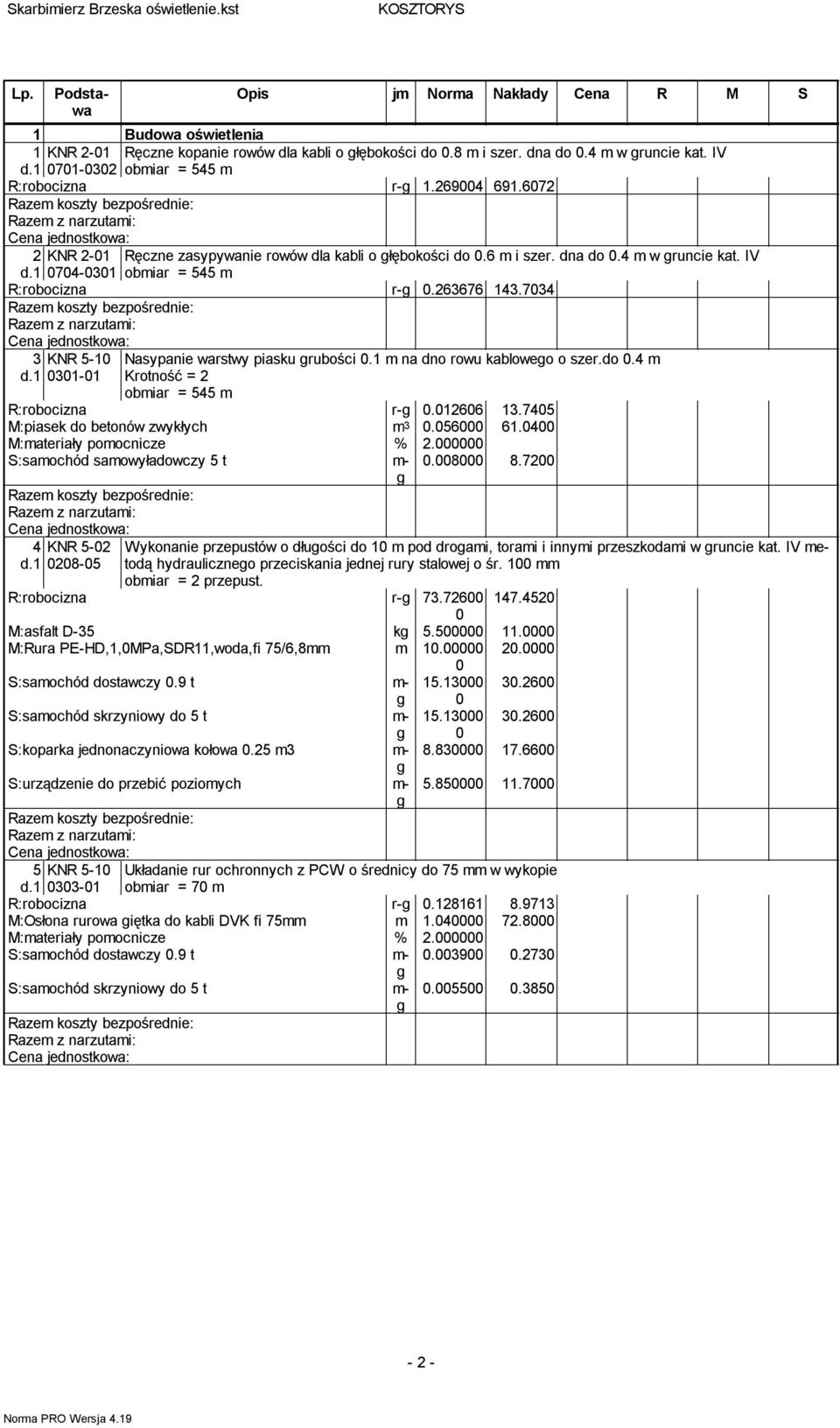 1 KNR 5-10 0301-01 Ręczne zasypywanie rowów dla kabli o łębokości do 0.6 m i szer. dna do 0.4 m w runcie kat. IV obmiar = 545 m Nasypanie warstwy piasku rubości 0.1 m na dno rowu kabloweo o szer.do 0.4 m Krotność = 2 obmiar = 545 m R:robocizna r- 0.